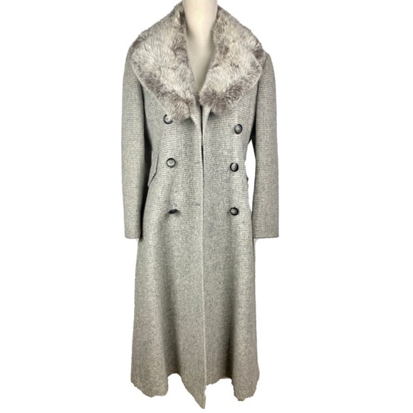 1970's Vintage Gray Wool Fur Collared Double Breasted Duster Coat - Picture 5 of 10